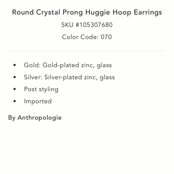 New! Anthropologie Gold Plated Crystal Huggie Earrings (2019) NWT - Picture 4 of 5